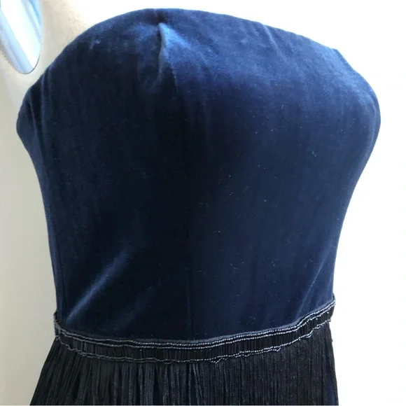 Midnight Blue Beaded Long Fringe Strapless Dress NWOT